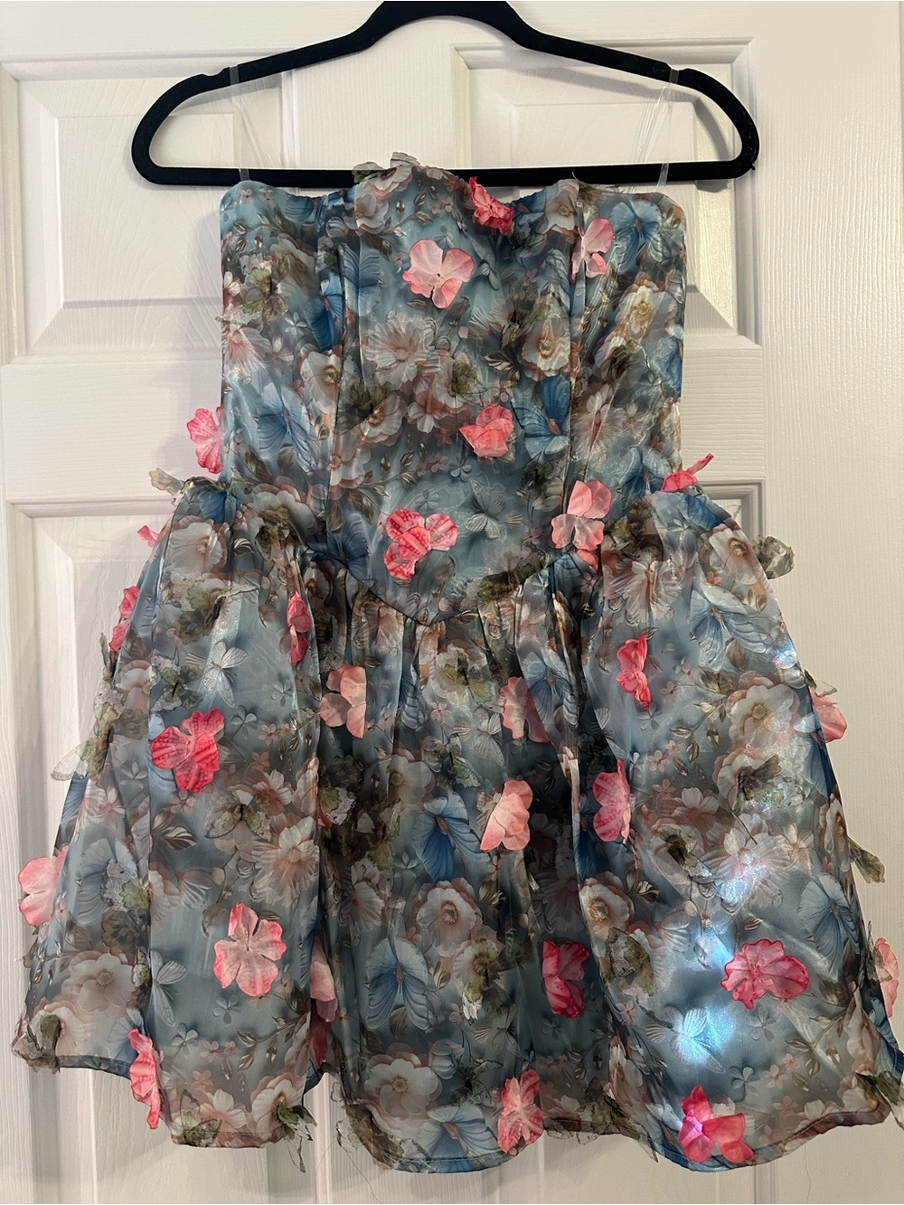 Fashion Nova Blue Floral Strapless Dress with Pink Appliqués